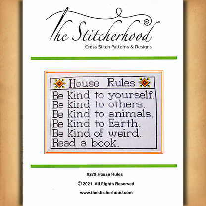 Cover page of the printed House Rules cross stitch pattern displaying a color picture of the completed kindness-themed design