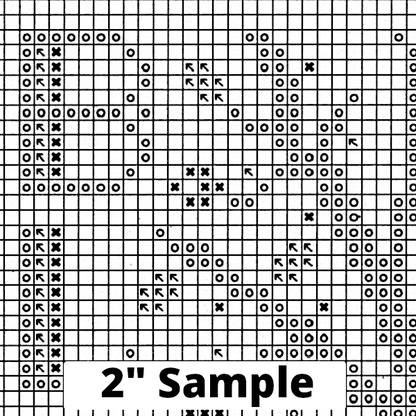 Part of the printed cross stitch chart, showing 2” section of the gridded pattern, with black/white symbols for each stitch.