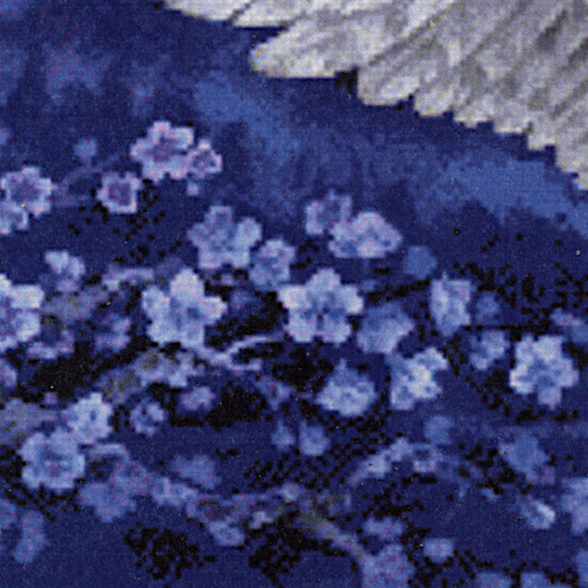 Close-up of the White Owl Cross Stitch Pattern featuring delicate blossoms in soft blue and white tones against the night sky