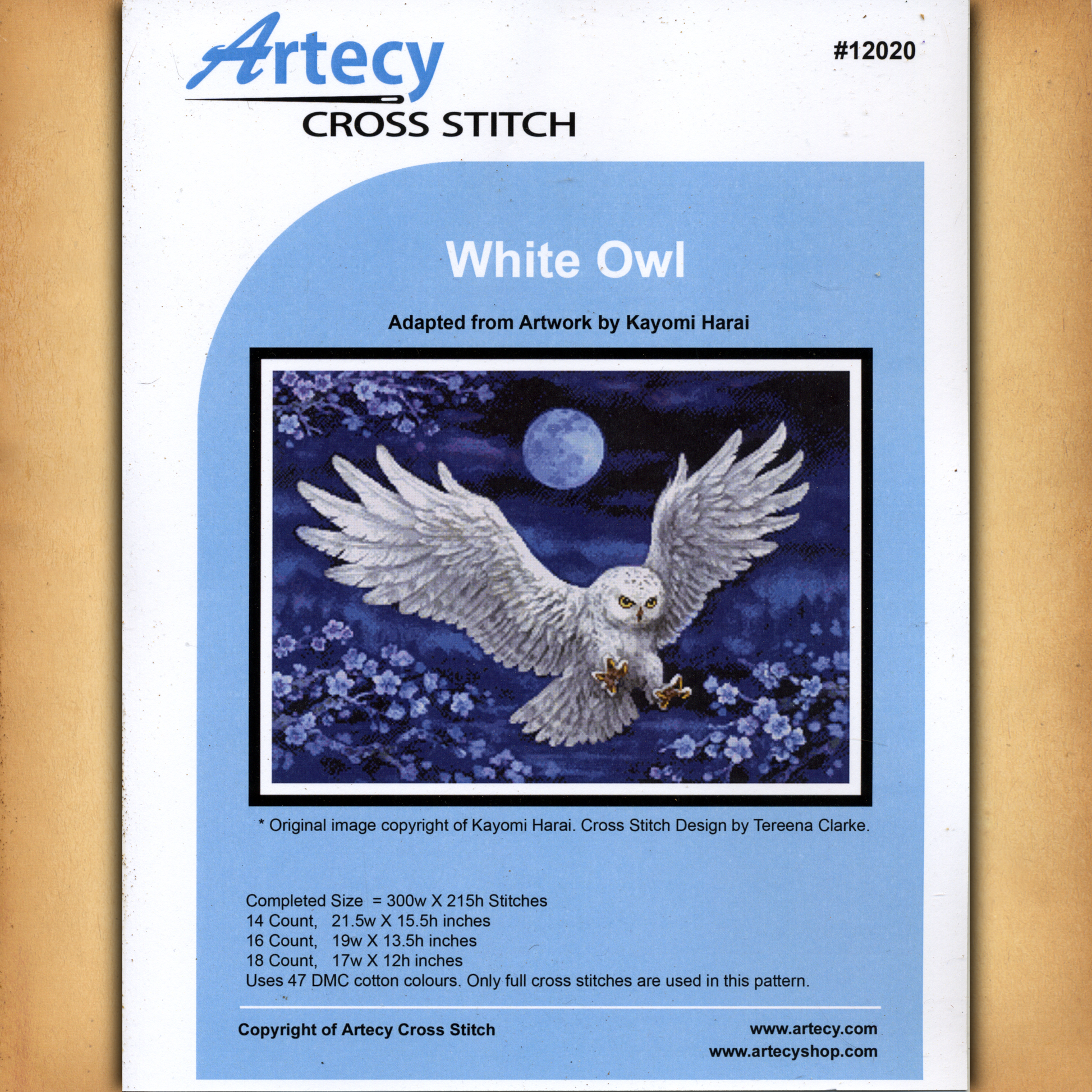 Cover page of the printed White Owl Cross Stitch Pattern, displaying a color picture of the completed owl-themed night scene.