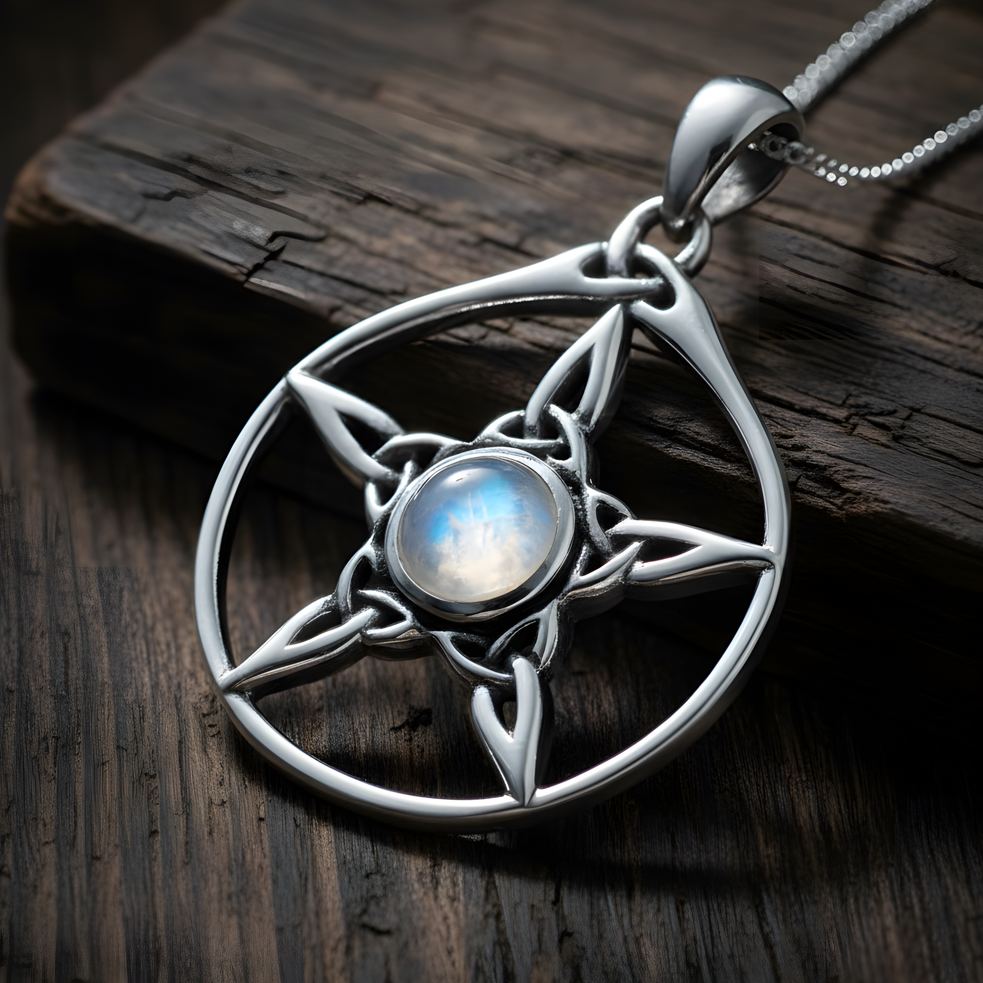 Silver Moonstone Triquetra Pentacle Pendant