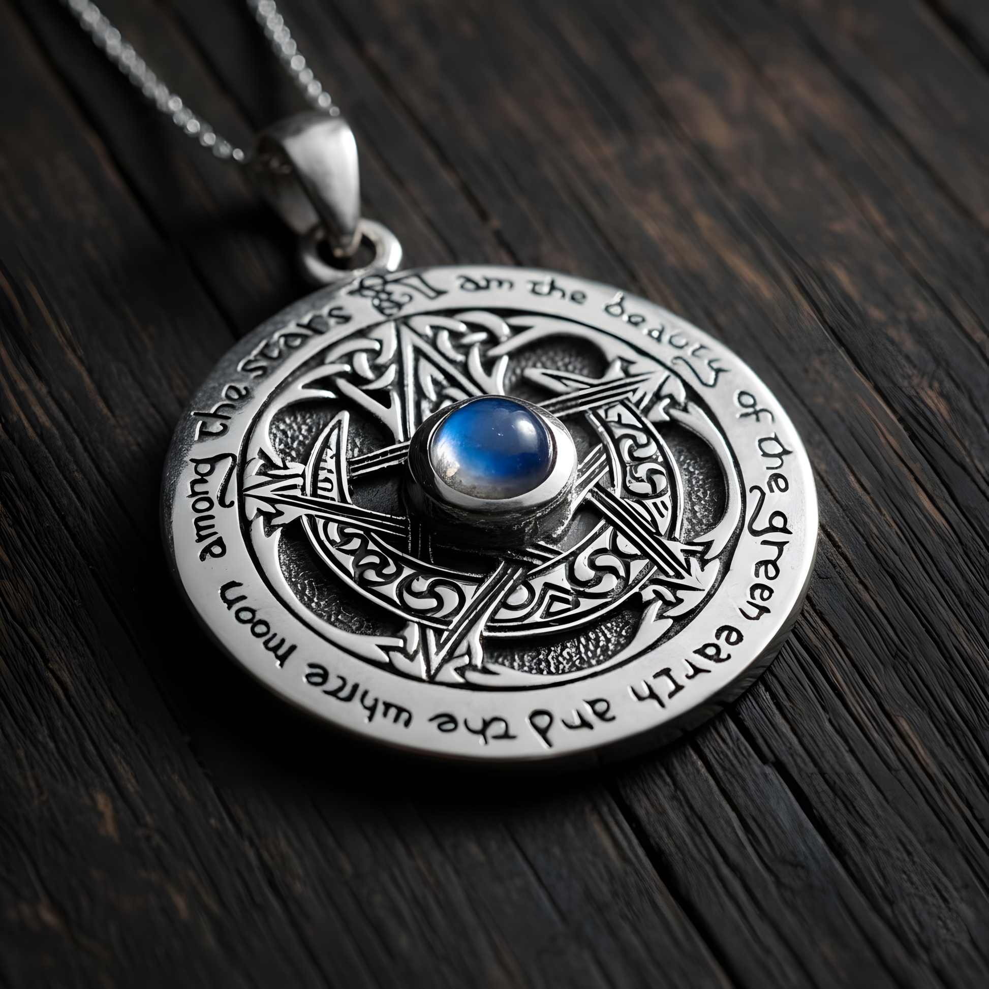 Sterling Silver Sapphire Moon Pentacle Pendant – Pagan Jewelry Sterling Silver Sapphire Moon Pentacle Pendant – Pagan Jewelry