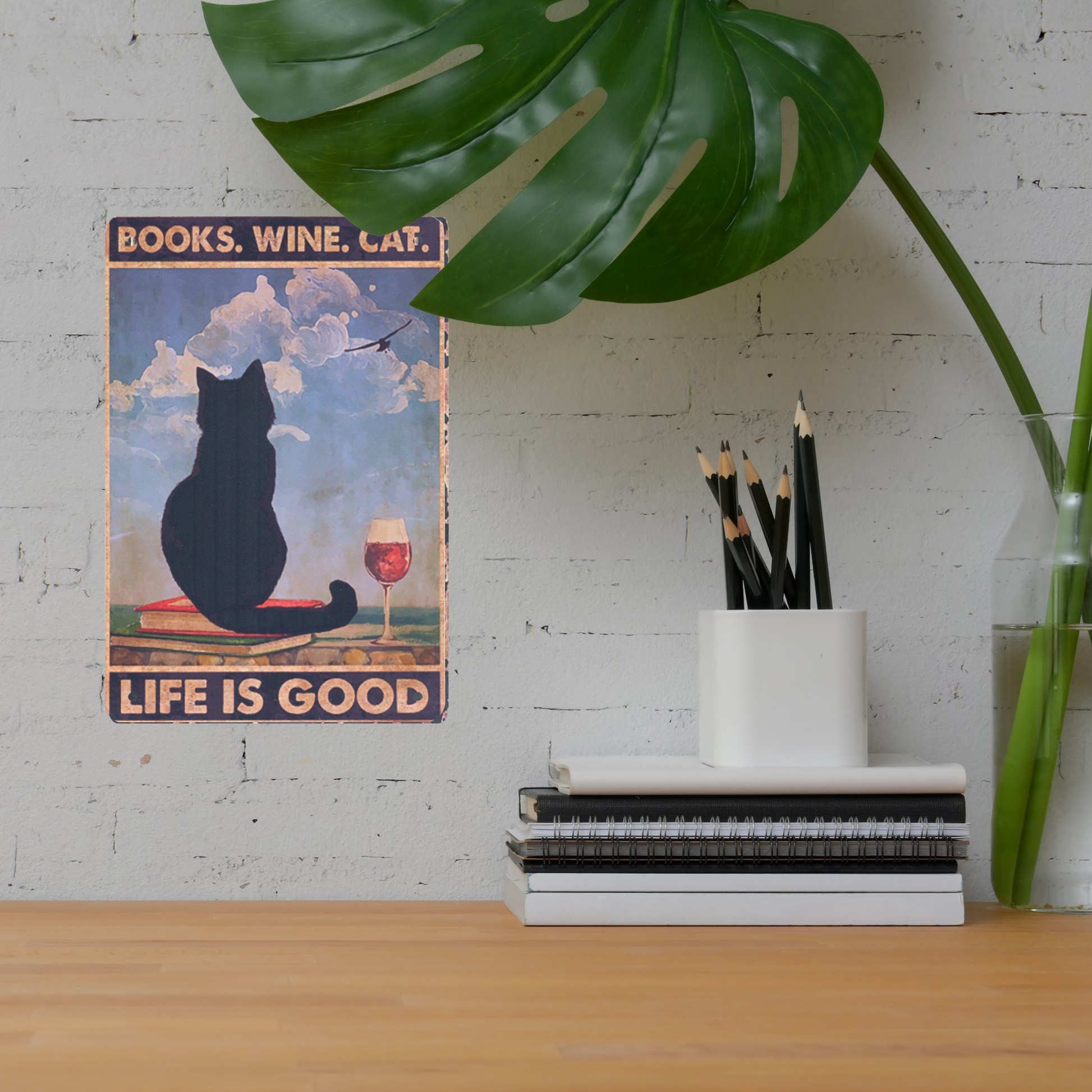 Books, Wine, Cat Tin Sign