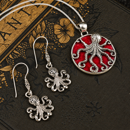 Silver Octopus Pendant with Coral