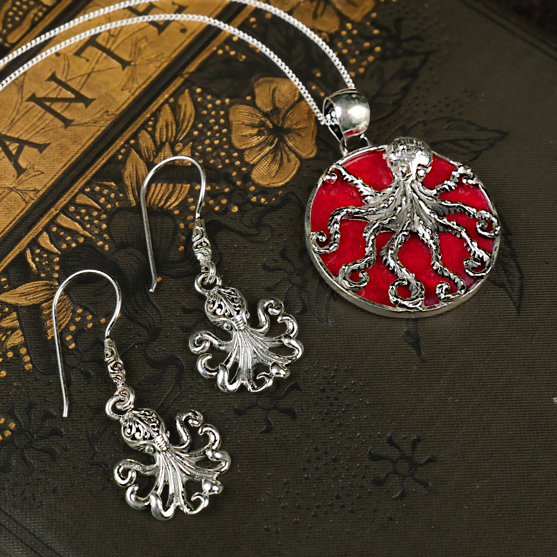 Silver Octopus Pendant with Coral