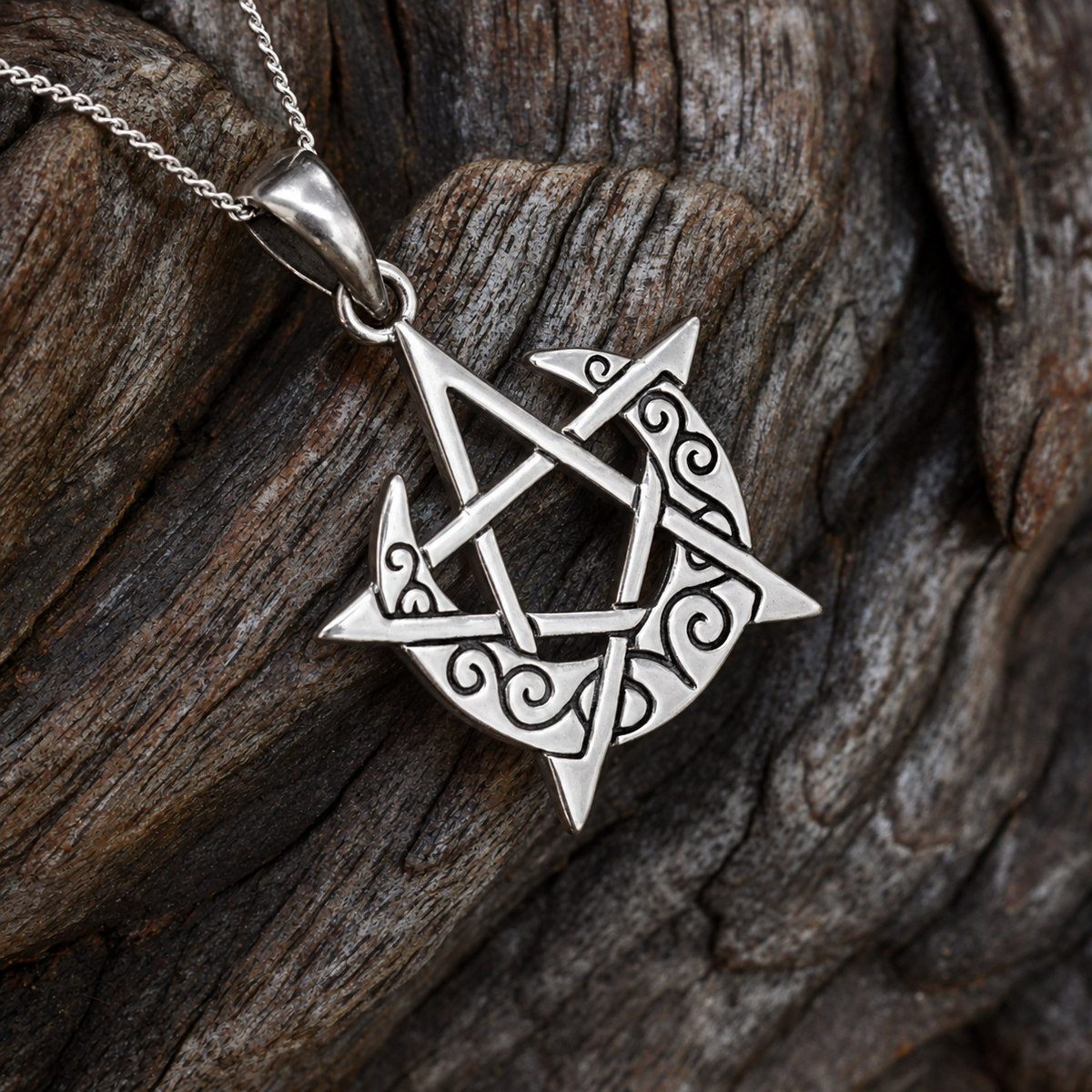 Silver Crescent Moon Pentacle Pendant