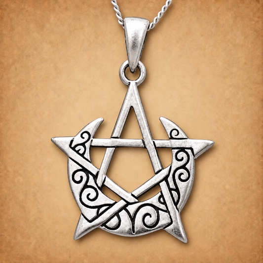 Silver Crescent Moon Pentacle Pendant
