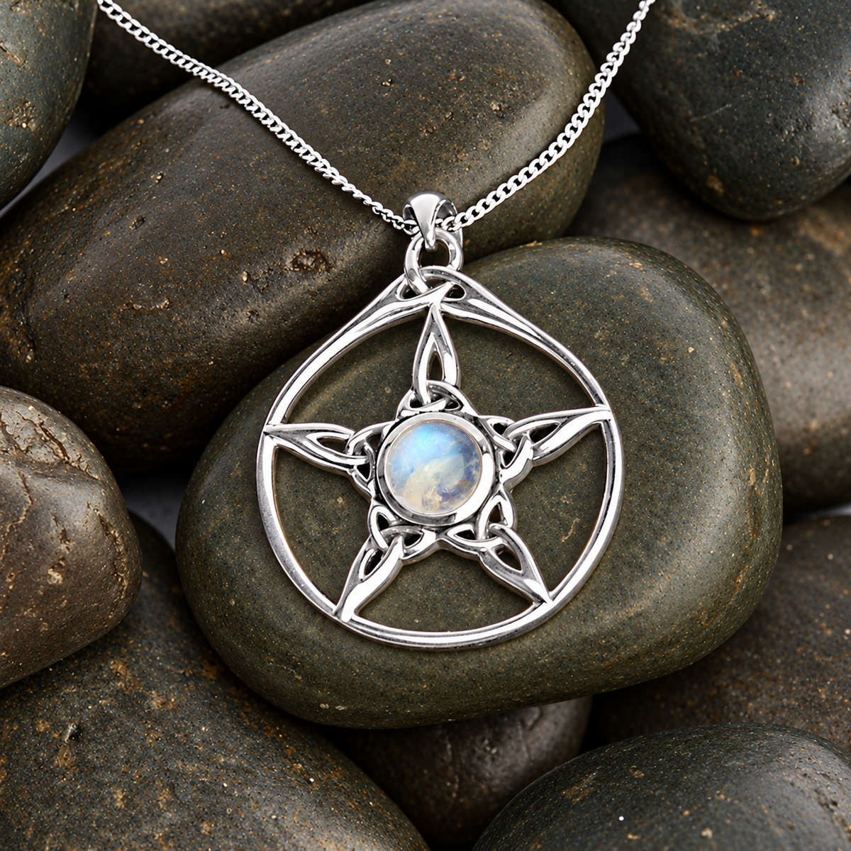Silver Moonstone Triquetra Pentacle Pendant