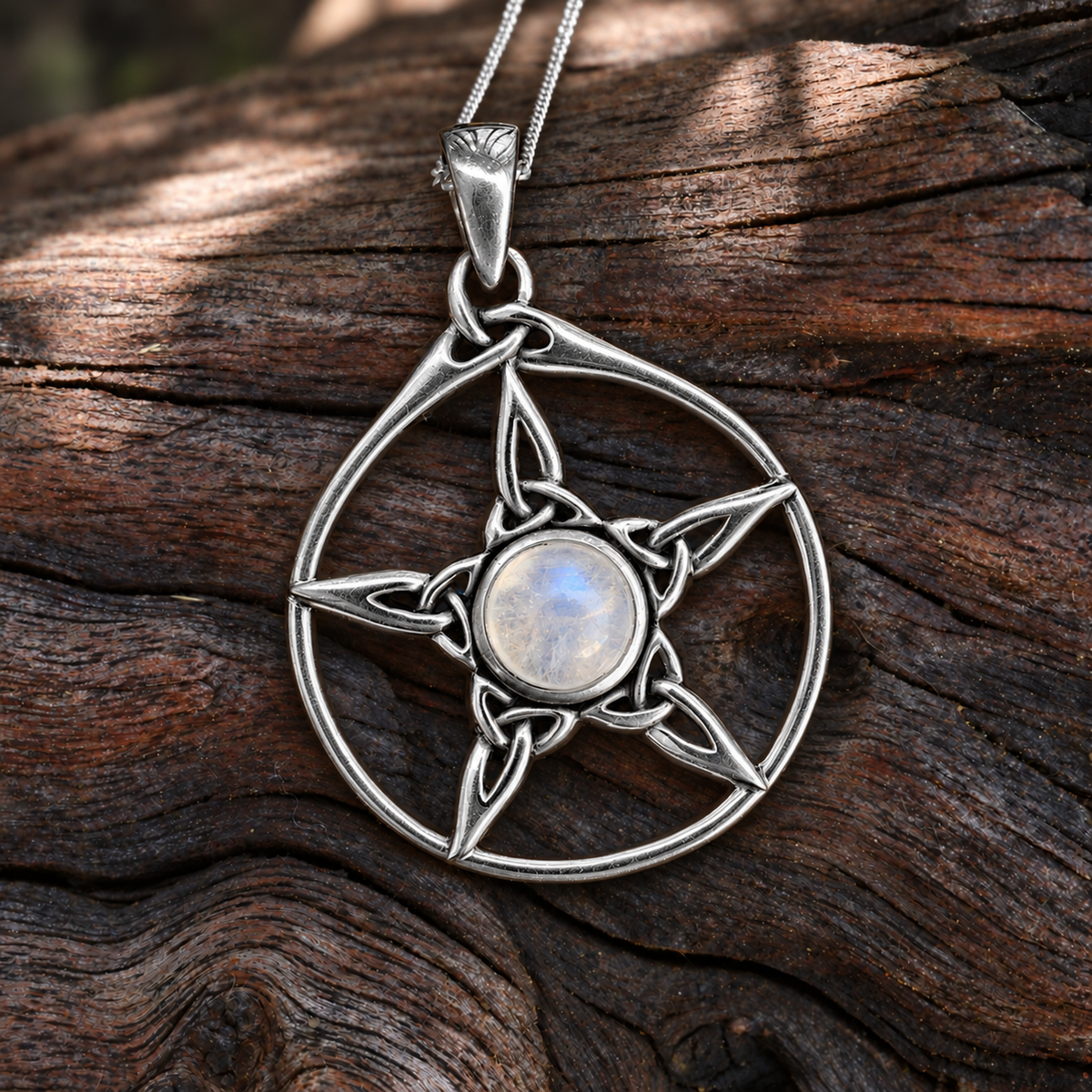 Silver Moonstone Triquetra Pentacle Pendant