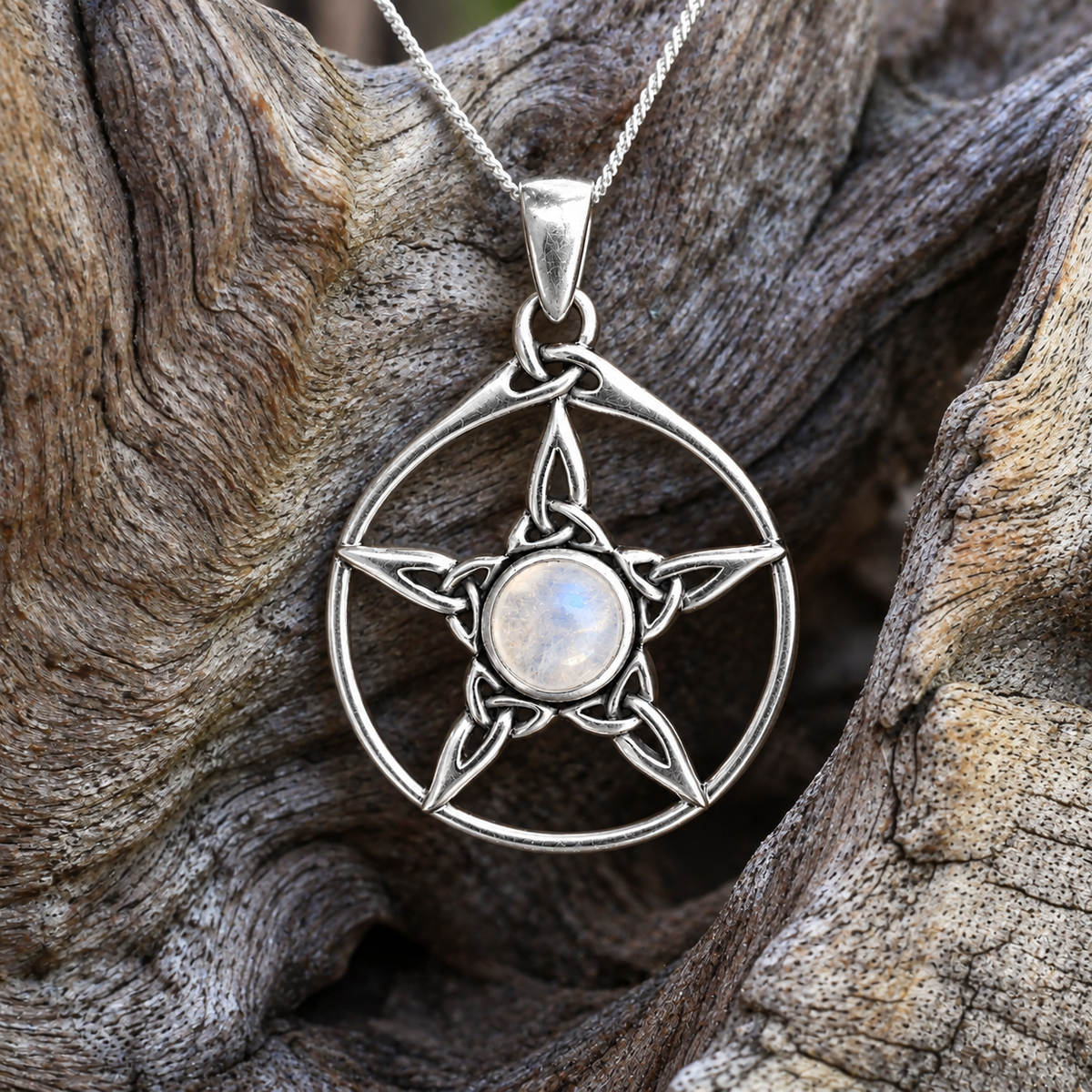 Silver Moonstone Triquetra Pentacle Pendant