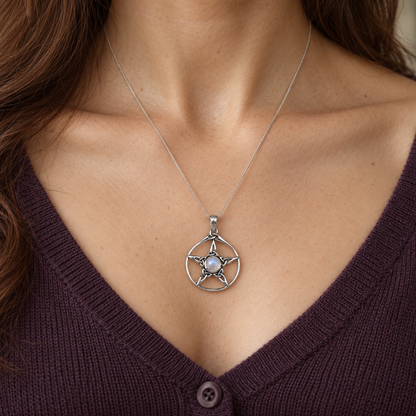 Silver Moonstone Triquetra Pentacle Pendant