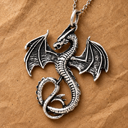 Sterling Silver Flying Dragon Pendant – Fantasy Dragon Necklace