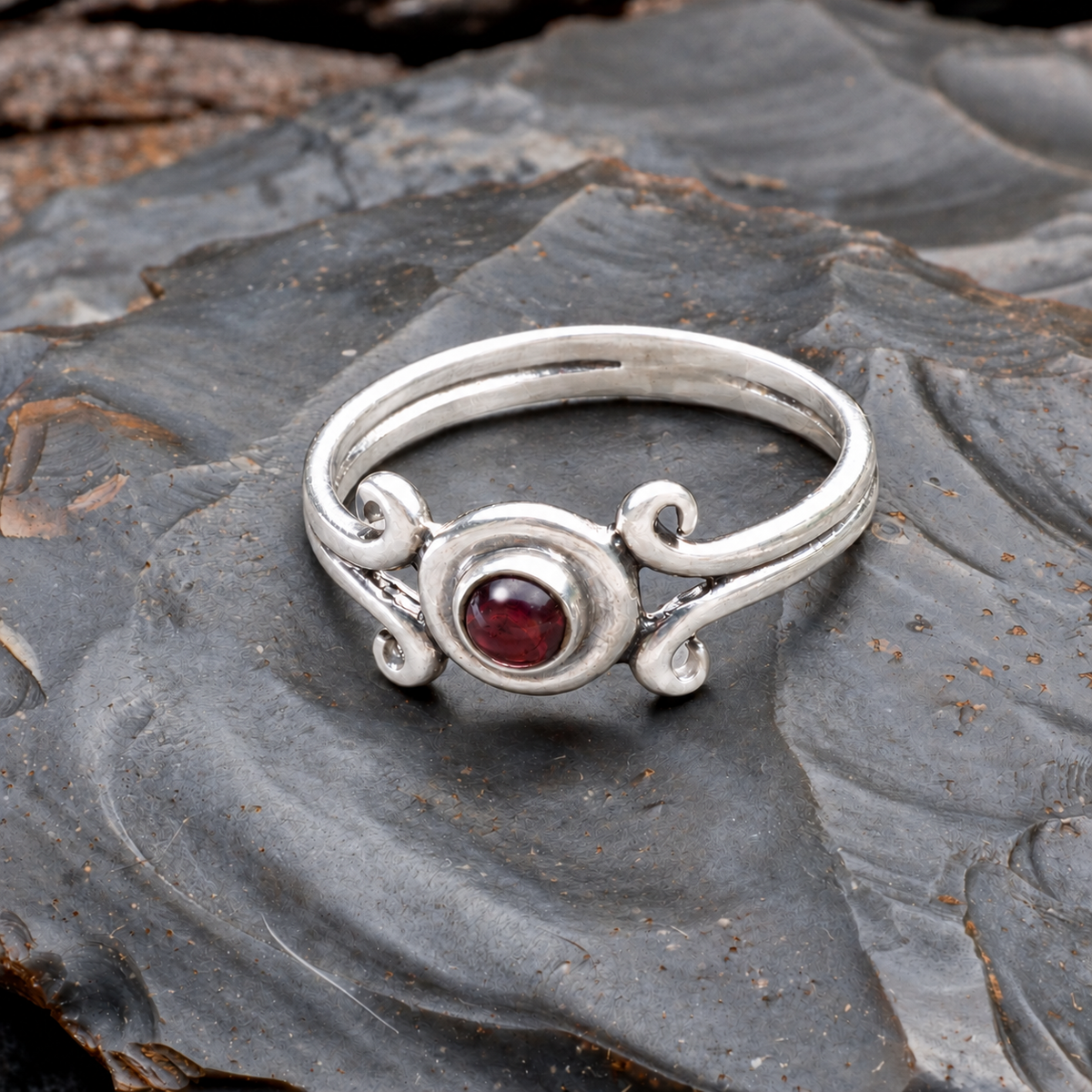 Silver Garnet Scroll Ring