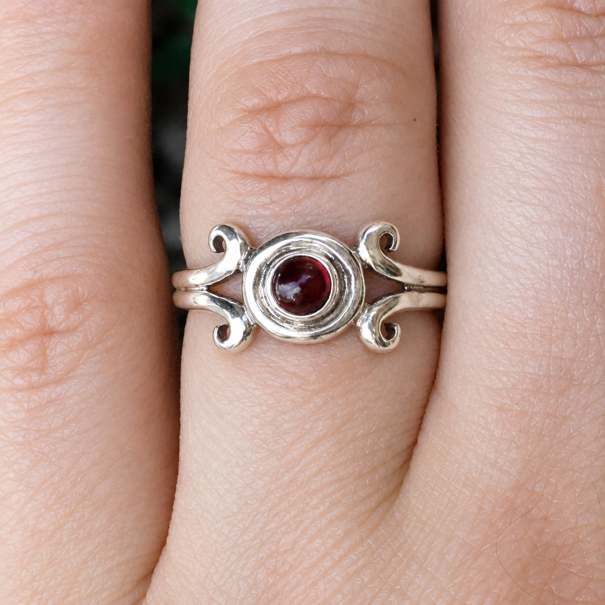 Silver Garnet Scroll Ring