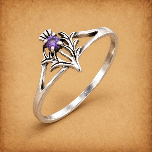Silver Amethyst Thistle Ring